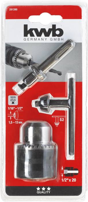 Metallbohrfutter-Set auf rotem Hintergrund. Enthält Bohrfutter, Schlüssel und Bit. Beschriftungen: 'SDS Plus' und '1/16''-1/2''.