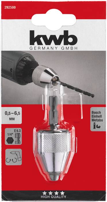 'Bohrmaschinenadapter für Bohrergrößen von 0,5 bis 6,5 mm, kompatibel mit Bosch, Einhell, Metabo. Enthält Diagramm zur Befestigung.'