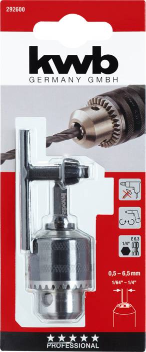 Das Bild zeigt einen Bohrfutteradapter und einen Sechskantschlüssel auf einer Verpackung von 'kwb Germany GmbH', geeignet für 0,5-6,5 mm Bohrer.