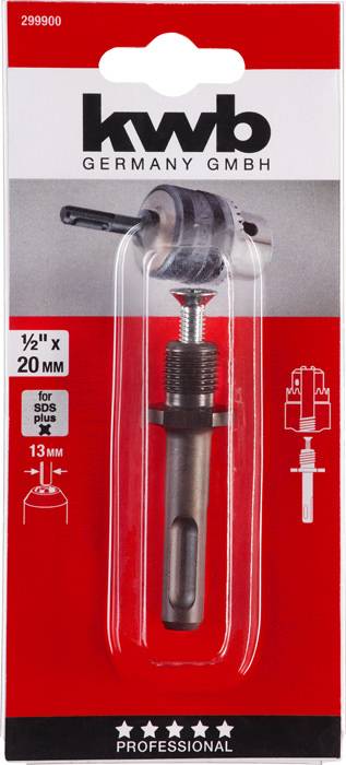 Verpackung eines Bohrfutters von KWB Germany GmbH, geeignet für 13 mm Bohrer mit 1/2 Zoll x 20 mm Gewinde, SDS Plus.