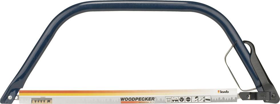 Bügelsäge mit blauem Rahmen und einem Etikett mit der Aufschrift 'Woodpecker'. Sie dient zum Sägen von Holz.