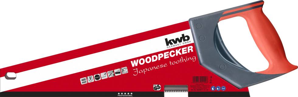 Eine Handsäge mit rotem Griff und der Aufschrift 'Woodpecker Japanese toothing', geeignet für das Schneiden von Holz.