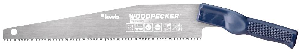 Eine Handsäge mit blauem Griff und der Aufschrift 'KWB Woodpecker' auf der Klinge, verwendet für präzise Schneidarbeiten.
