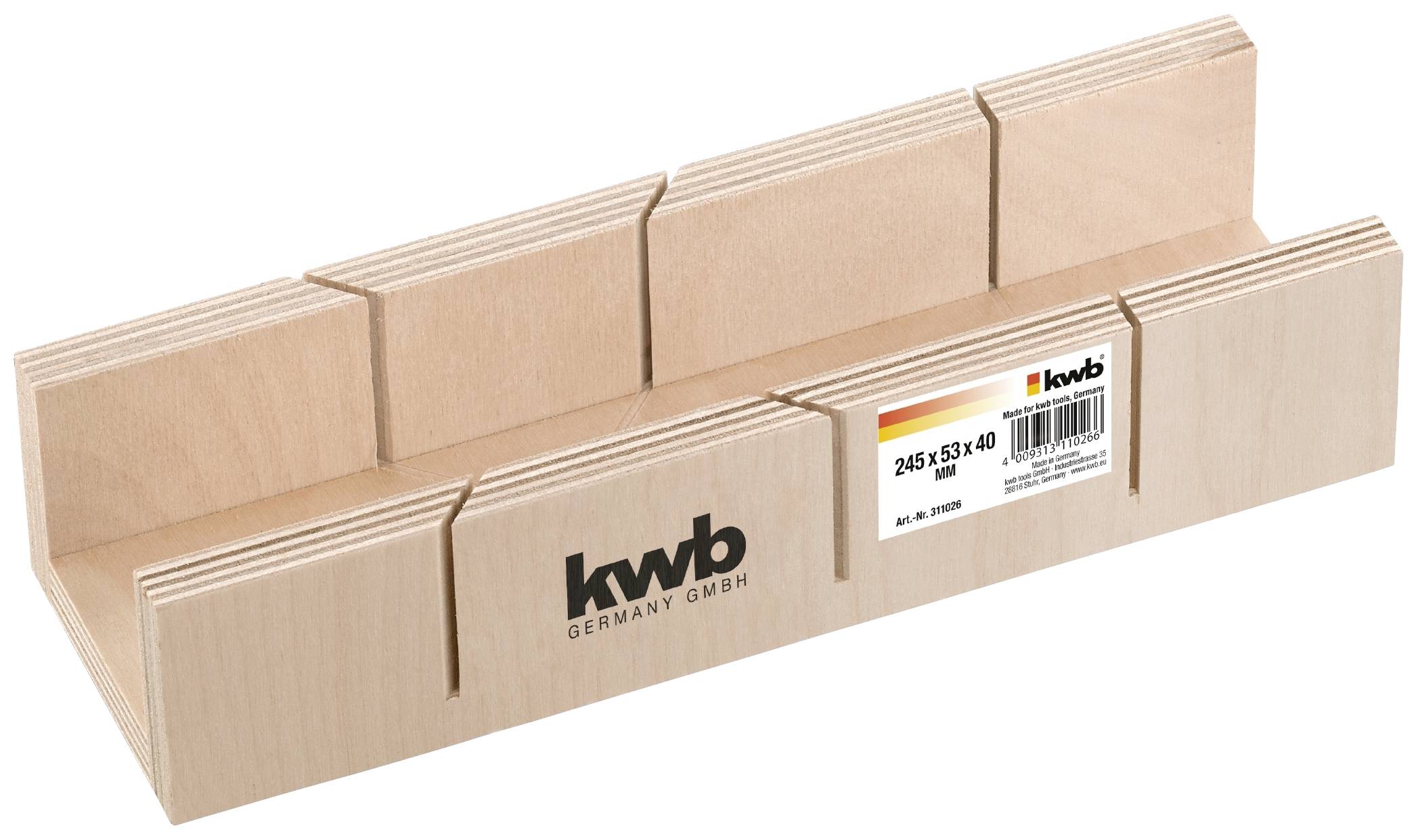 Holz-Gehrungslade von kwb Germany GmbH, Modell 246 x 53 x 40, mit mehreren Kerben zum präzisen Schneiden von Holzteilen in Winkeln.