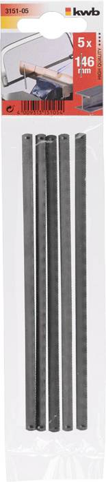 Fünf schwarze Sägeblätter in einer Verpackung, Marke 'kwb'. Länge: 146 mm. Für Bügelsägen geeignet.