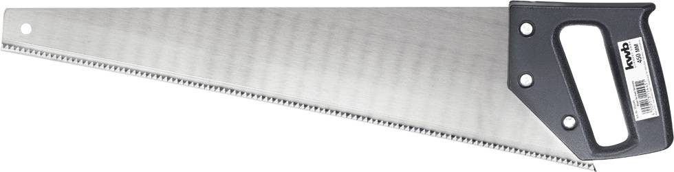 Manuelle Handsäge mit schwarzem Kunststoffgriff und gezahntem Metallblatt, geeignet für Holzarbeiten.