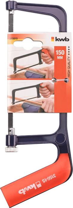 'Mini-Bügelsäge von kwb, Blattlänge 150 mm mit ergonomischem Griff. Geeignet für präzise Schnitte in kleinen Werkstücken.'