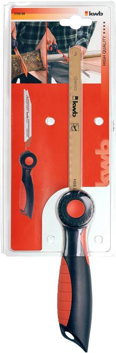 Metallsägeblatt in Verpackung, Abbildungen illustrieren Sägeeinsatz. Schwarzer Griff mit roten Akzenten, Markenlogo oben rechts.