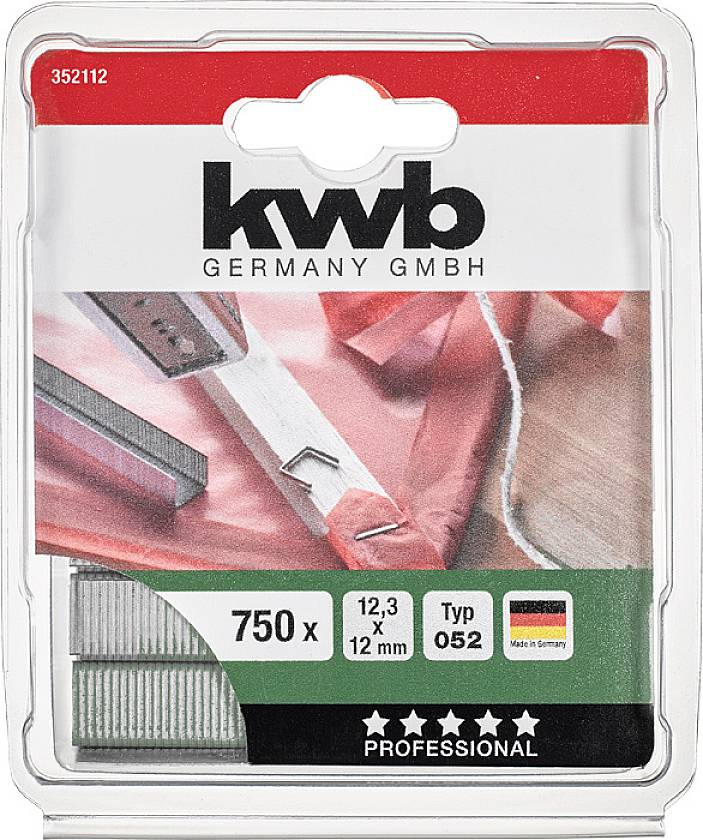 Verpackung von 'kwb' Heftklammern, 750 Stück, Größe 12,3 x 12 mm. Enthält ein 'Made in Germany'-Label. Geeignet für Profi-Einsatz.