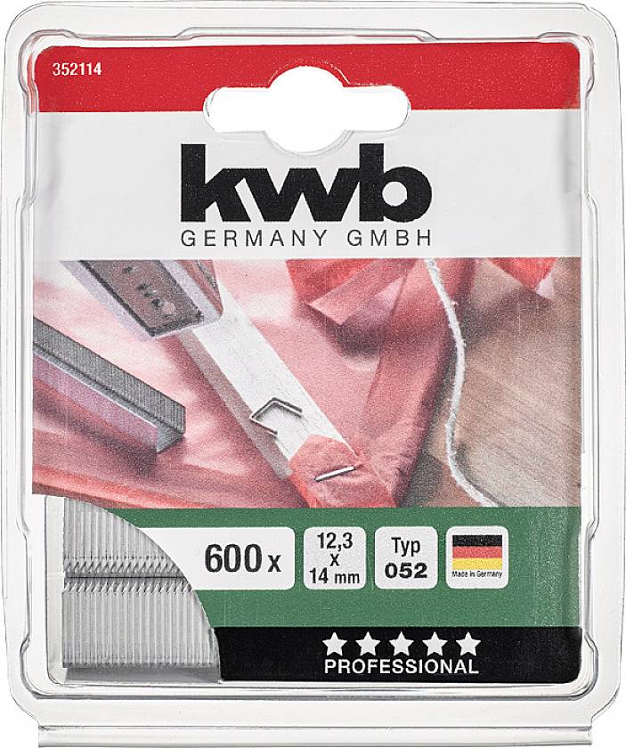 Verpackung von 'kwb' 600 Heftklammern, Größe 12,3 x 14 mm, Typ 052, mit deutscher Flagge und 'Professional' Hinweis.