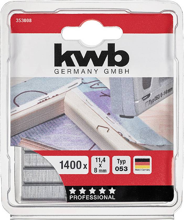 'Kwb Germany GmbH' Klammern, 1400 Stück, Typ 053, 11,4 x 8 mm, Verpackung mit Bild von Heftklammern und Maßband, 'Made in Germany'.