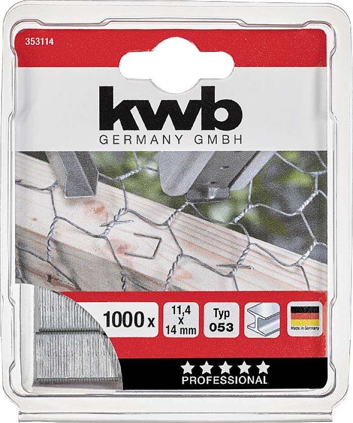 Verpackung von Klammern mit Aufschrift 'kwb GERMANY GMBH', 1000 Stück, 11,4 x 14 mm, Typ 053. 'Made in Germany' und Flagge abgebildet.