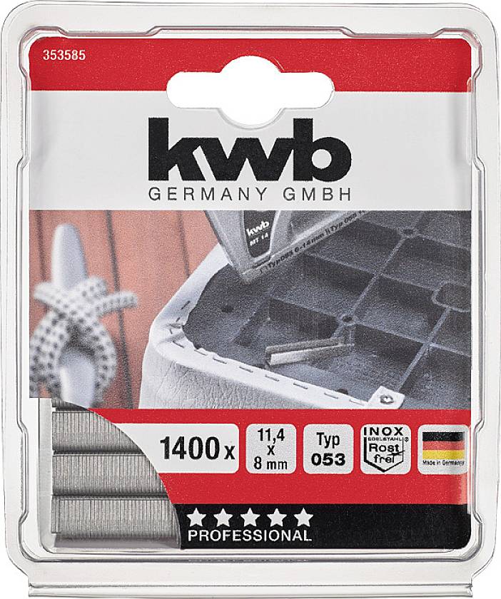 Eine Verpackung mit 1400 Klammern von KWB Germany GmbH, Typ 053, 11,4 x 8 mm, Edelstahl, rostfrei.