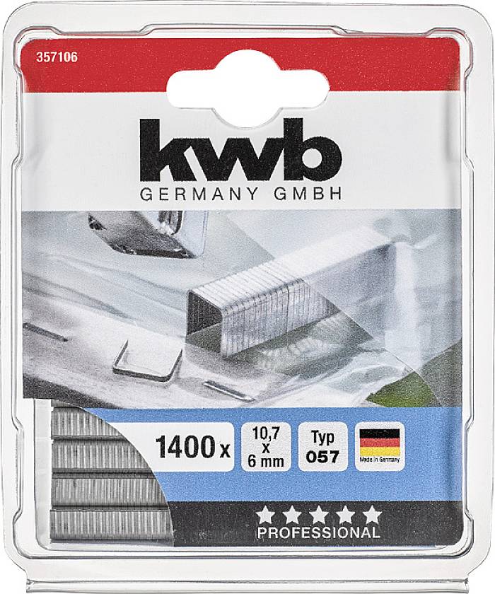 Packung mit 1400 Heftklammern, Größe 10,7 x 6 mm, Typ 057, von KWB Germany GmbH. Verpackung zeigt Heftklammern und deutsche Flagge.