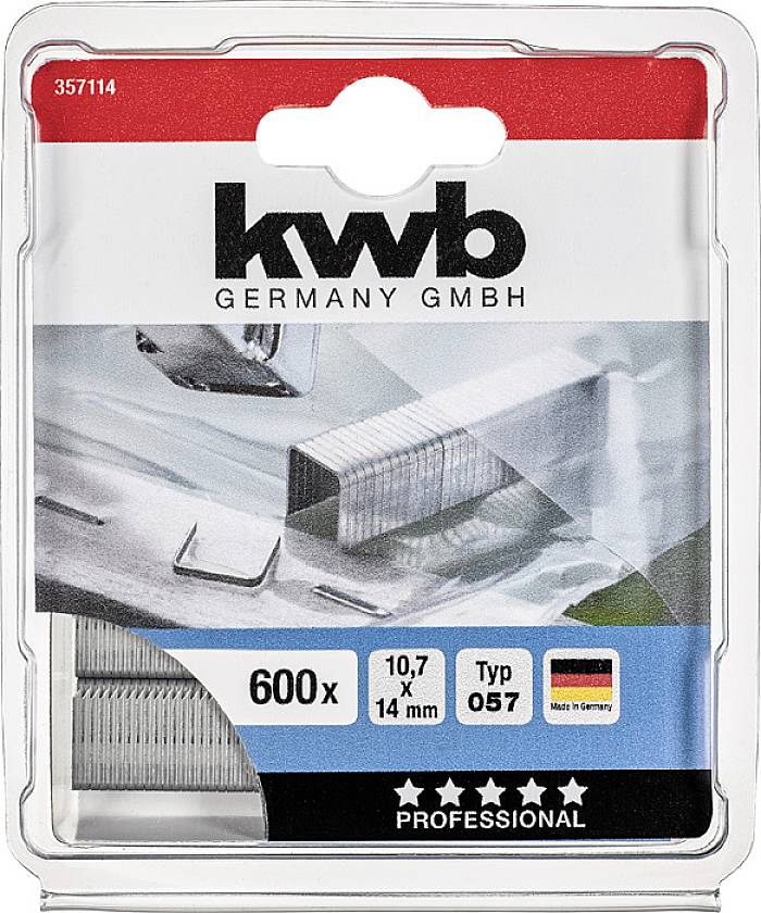 Verpackung von 600 Heftklammern (10,7 x 14 mm, Typ 057) der Marke kwb Germany GmbH. Hergestellt in Deutschland.