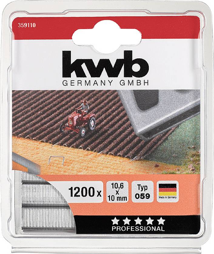 'kwb GERMANY GMBH' Klammern, Typ 059, 1200 Stück, Größe 10,6 x 10 mm, 'Made in Germany'. Verpackung zeigt Traktor auf Teppich.