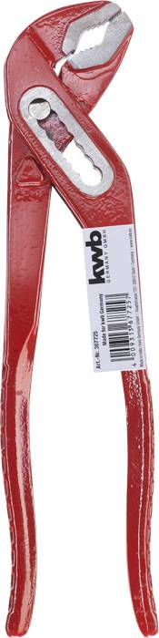 Rote Wasserpumpenzange mit gezackten Backen, geeignet zum Greifen und Festhalten von Rohren und anderen zylindrischen Objekten.