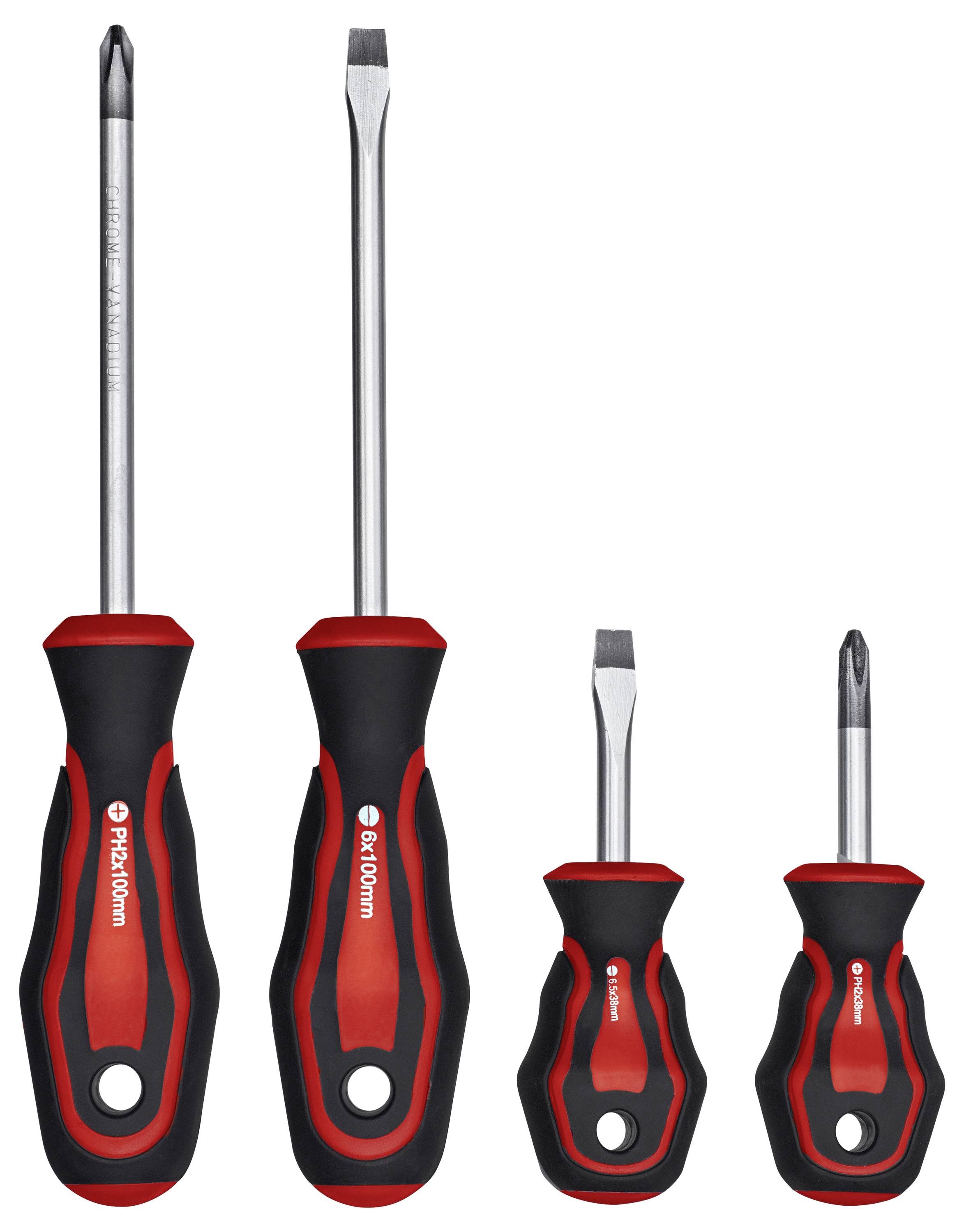 Satz von vier Schraubenziehern mit verschiedenen Kopftypen und Größen, mit roten und schwarzen ergonomischen Griffen, vor einem weißen Hintergrund.