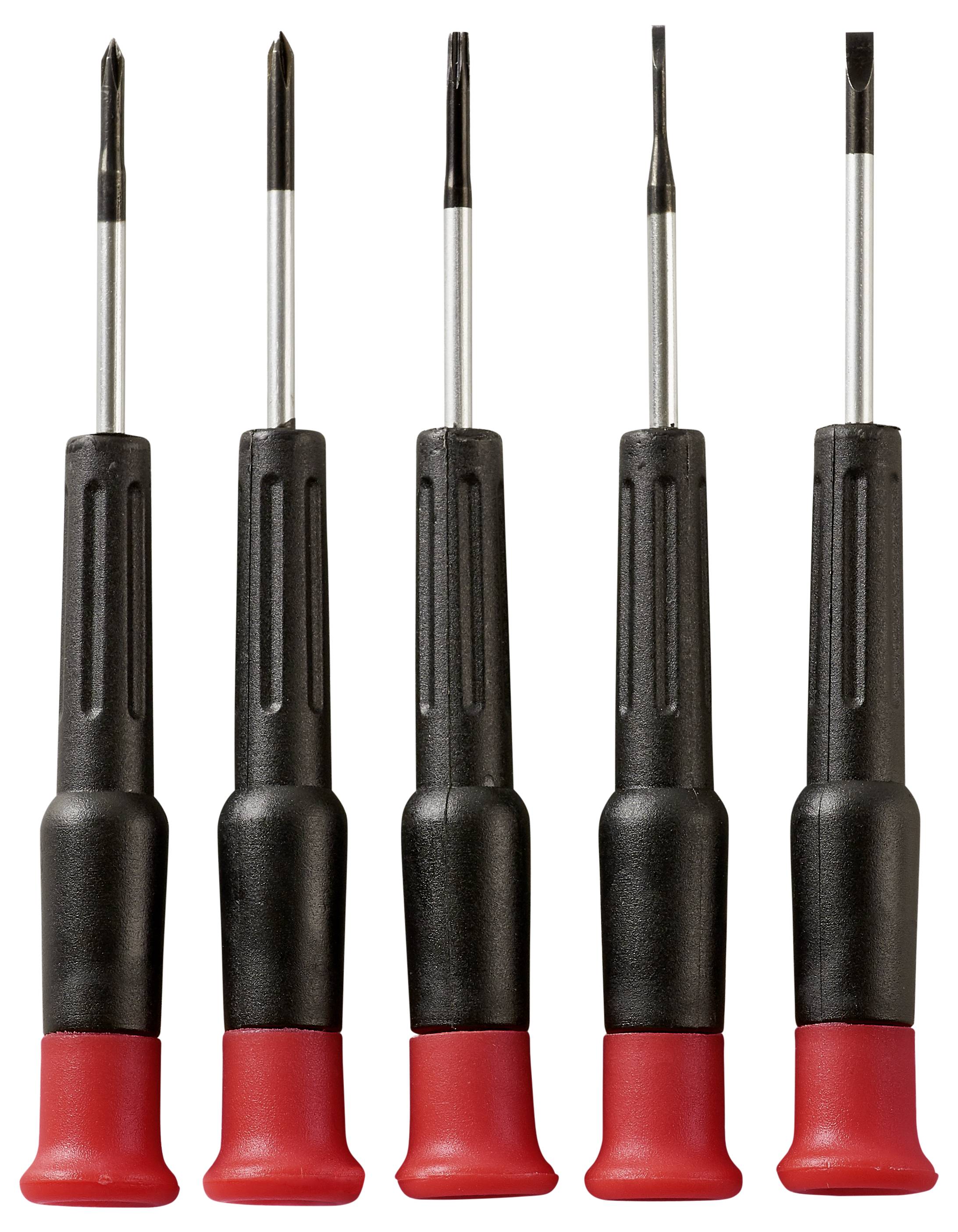Ein Satz von fünf Präzisionsschraubenziehern mit schwarzen Griffen und roten Spitzen, die aufrecht in einer Reihe stehen, wobei jeder einen anderen Schraubenzieherkopf hat.