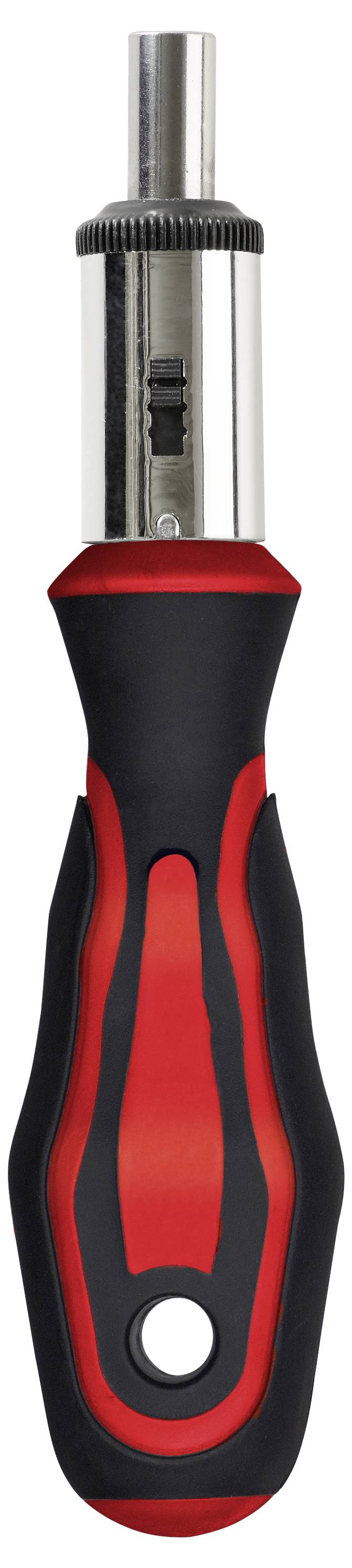 Ein rot-schwarzer Handschraubendreher mit einem auswechselbaren Stahlbithalter, konzipiert für verschiedene Befestigungsaufgaben.