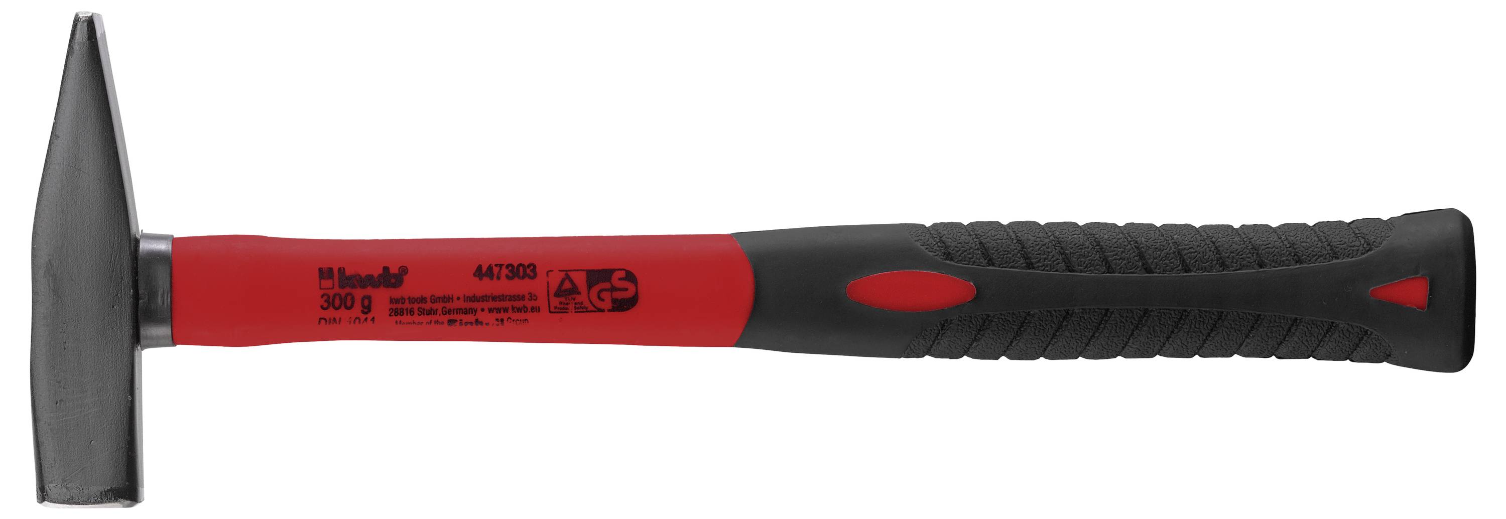 Ein rot und schwarz gehaltener Hammer mit einem metallischen Kopf, der für allgemeine Bauarbeiten konzipiert ist. Marken- und Modellinformationen sind auf dem Griff gedruckt.