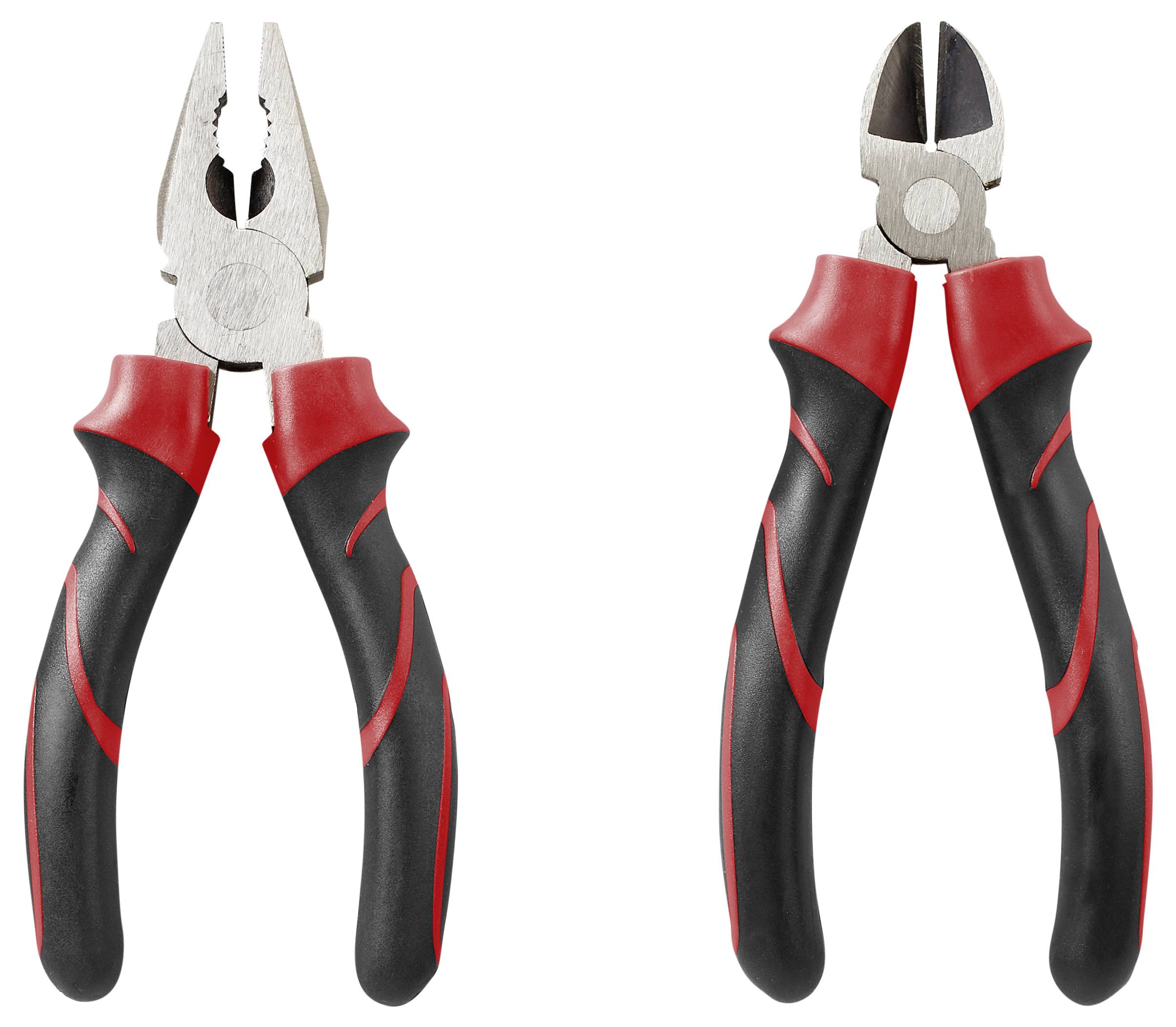 Zwei Zangen mit roten und schwarzen Griffen werden gezeigt: links eine Kombizange und rechts eine Seitenschneider.