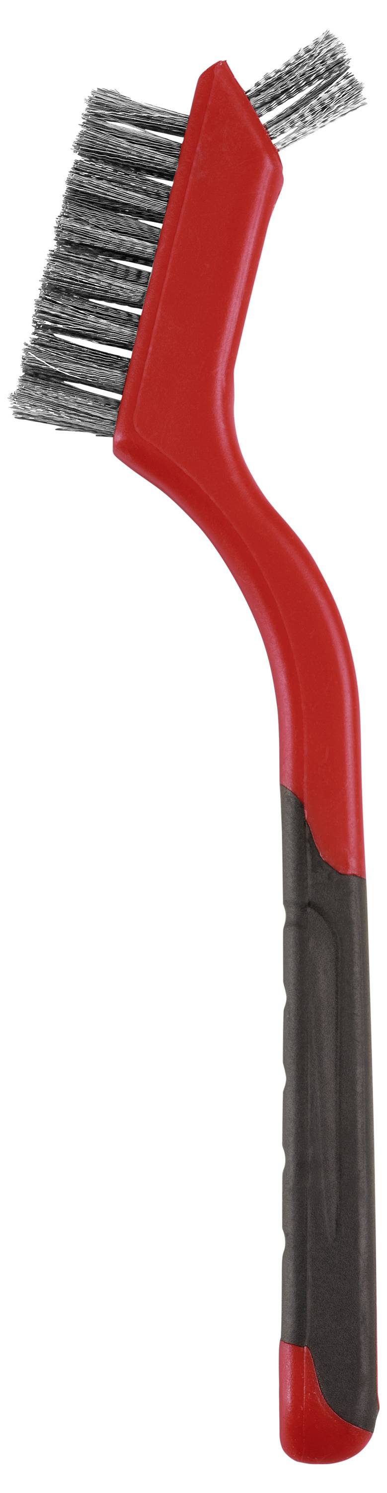 Eine rotgriffige Drahtbürste mit Metallborsten, die üblicherweise zum Entfernen von Rost oder Farbe von Oberflächen verwendet wird.