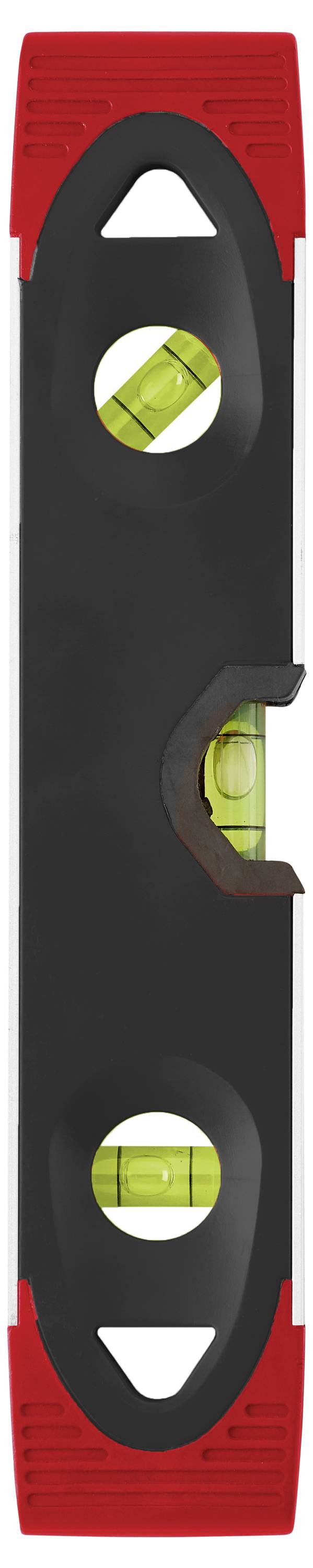 Eine schwarze und rote vielseitige Wasserwaage mit drei Libellen zur Messung von horizontaler und vertikaler Ausrichtung.