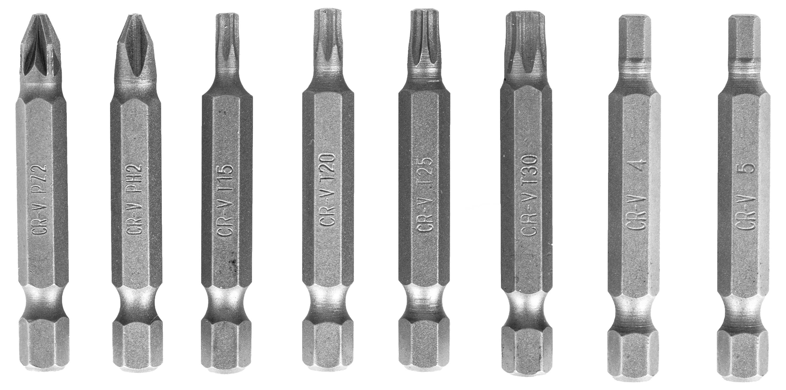 Ein Satz von acht Sechskant-Schraubendrehereinsätzen, nebeneinander angeordnet, die mit verschiedenen Größen und Typen beschriftet sind und für unterschiedliche Schraubenköpfe verwendet werden.