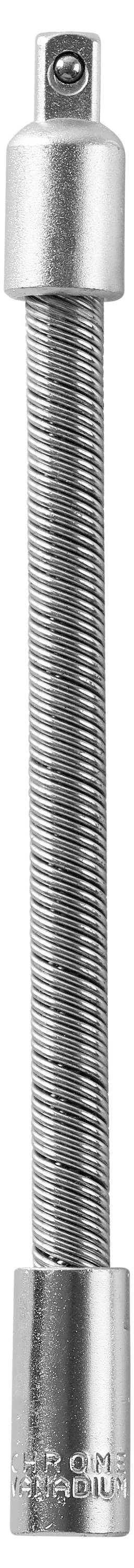 Eine flexible Chrom-Steckschlüsselverlängerung, die für den Einsatz mit Steckschlüsseln entwickelt wurde, die ihre Flexibilität und metallfarbene Oberfläche zeigt.