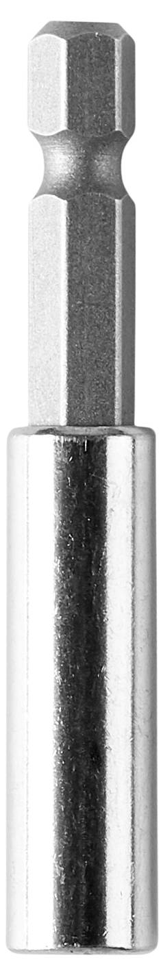 Eine Nahaufnahme eines metallischen Sechskant-Bohrfutteradapters, die seine glatte, glänzende Oberfläche und das konisch zulaufende sechseckige Ende zeigt.