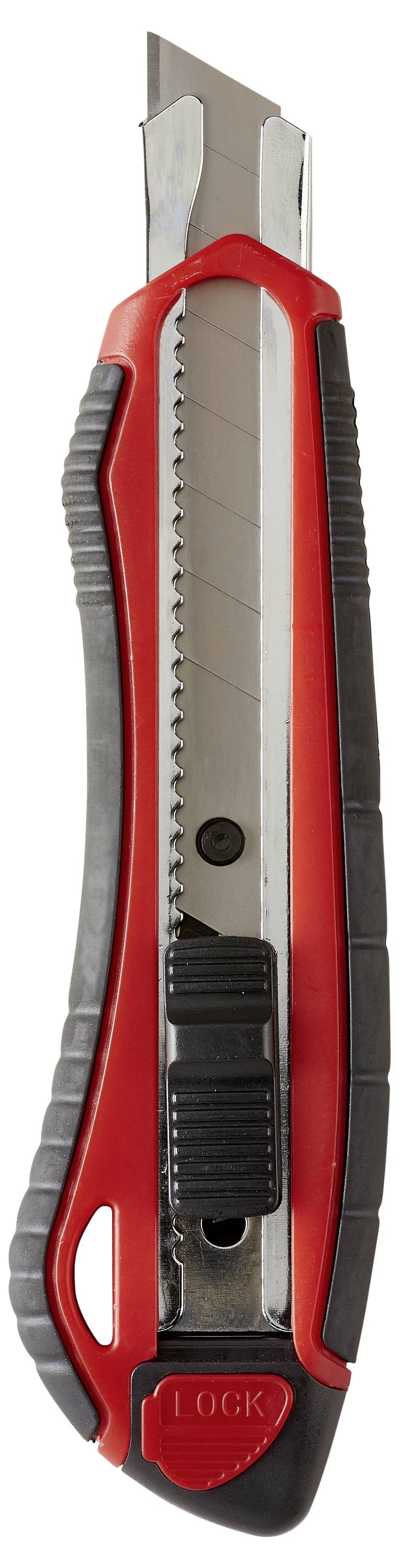 Ein roter und schwarzer Mehrzweckmesser mit ausziehbarer Klinge und Sicherheitsverriegelung, verwendet zum Schneiden von Materialien wie Papier, Karton oder Kunststoff.