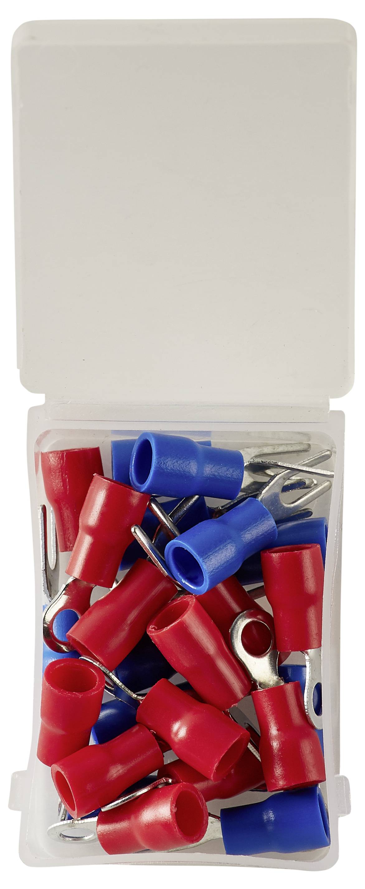 Eine kleine offene Box, die mehrere blaue und rote isolierte Kabelendverbinder für die elektrische Verkabelung enthält und vertikal präsentiert wird.