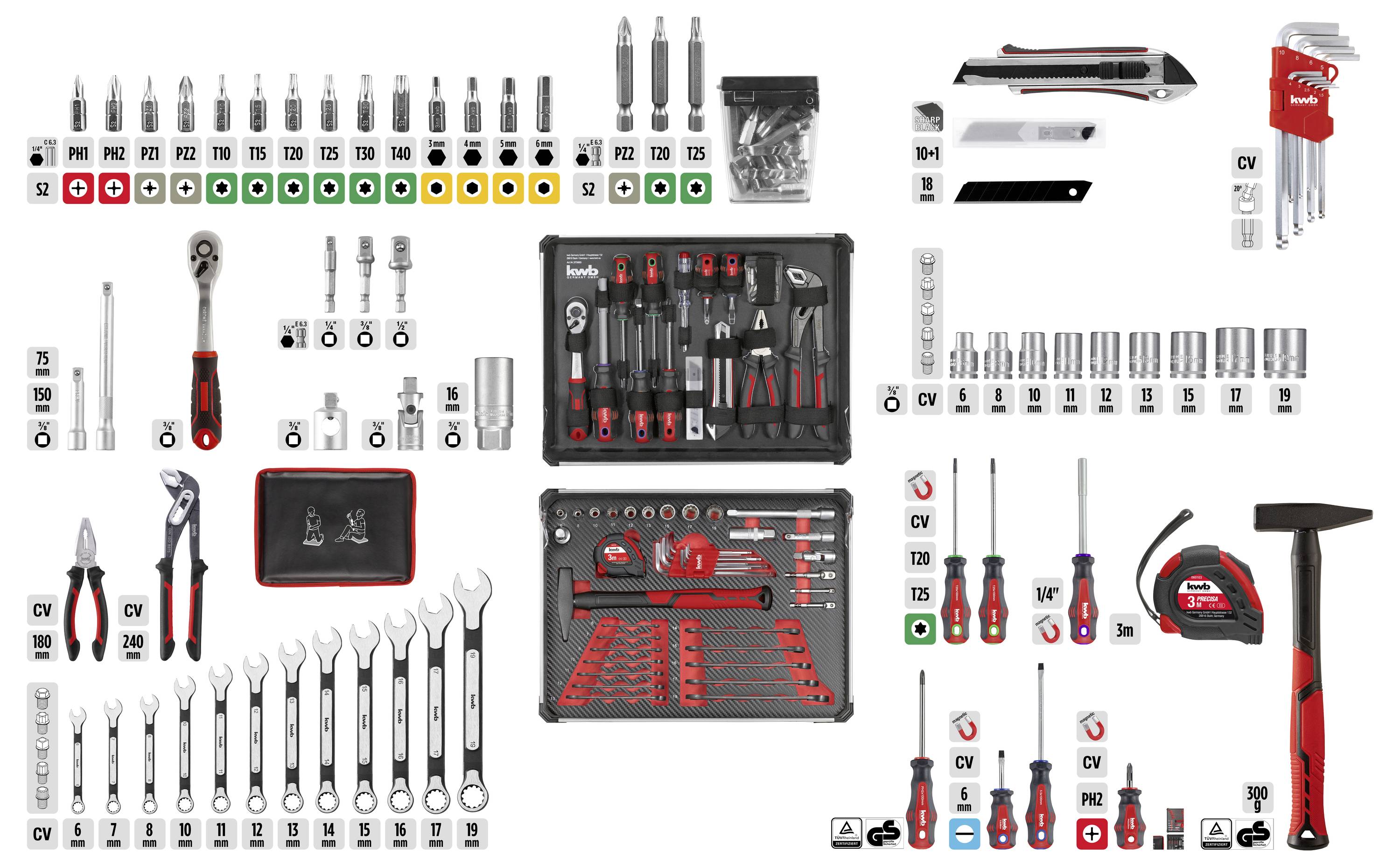 Ein umfassendes Werkzeugset ist ausgelegt, das verschiedene Schraubenschlüssel, Schraubendreher, Steckschlüssel und Zangen ordentlich angeordnet zeigt und Vielfalt und Organisation präsentiert.