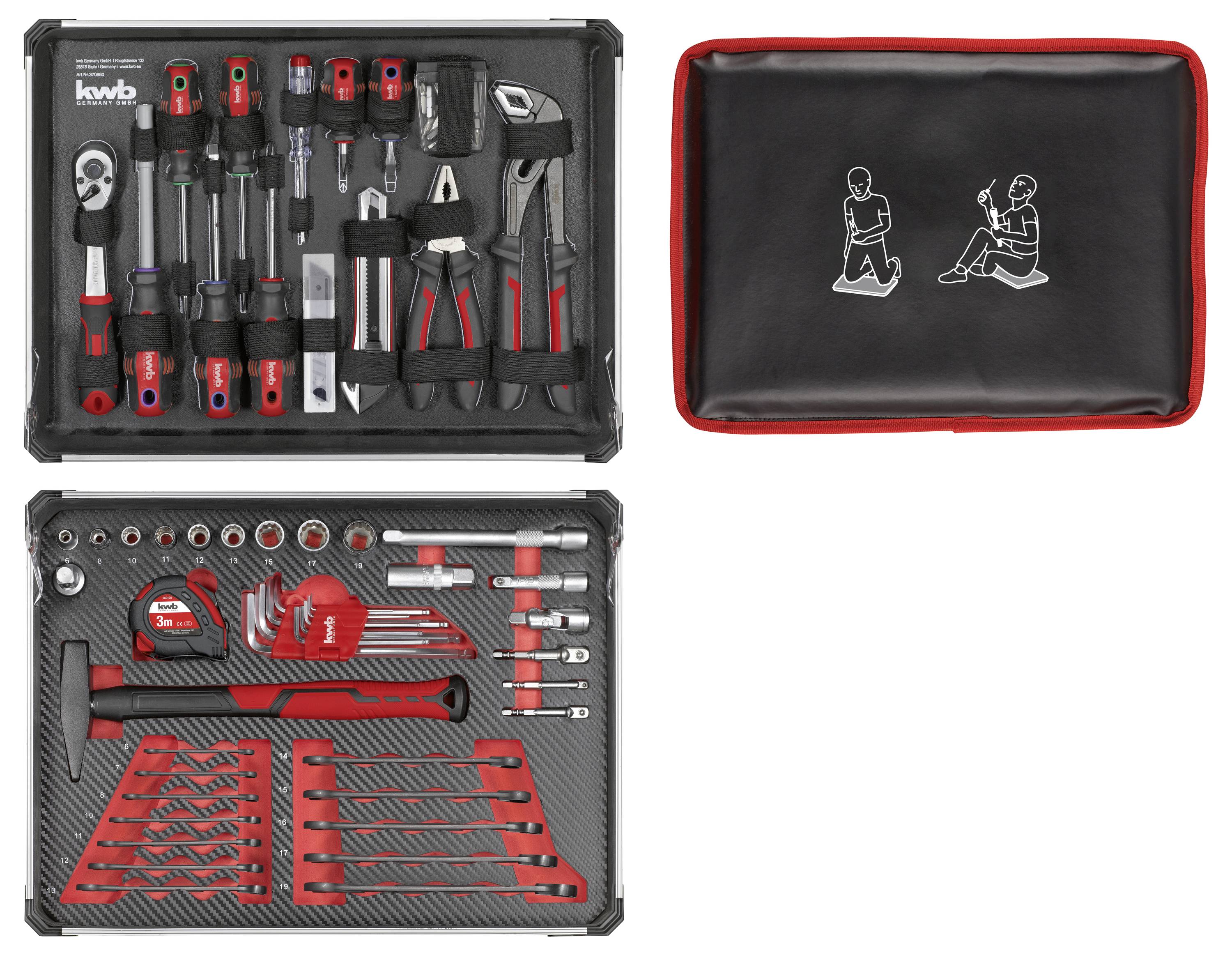 Ein rot-schwarzes Werkzeugset mit Schraubschlüsseln, Steckschlüsseln, Schraubenziehern, Zangen und einem Hammer. Der Deckel des Koffers zeigt Symbole von Menschen, die Werkzeuge benutzen.