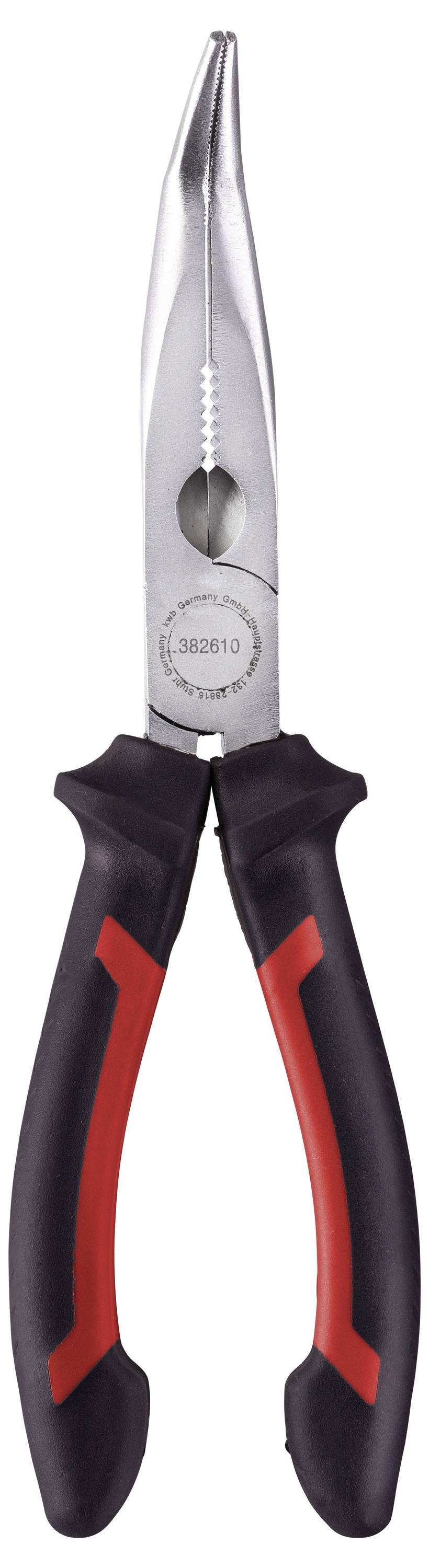 Eine Spitzzange mit roten und schwarzen Griffen. Ideal für präzises Greifen und Schneiden in schwer zugänglichen Bereichen.