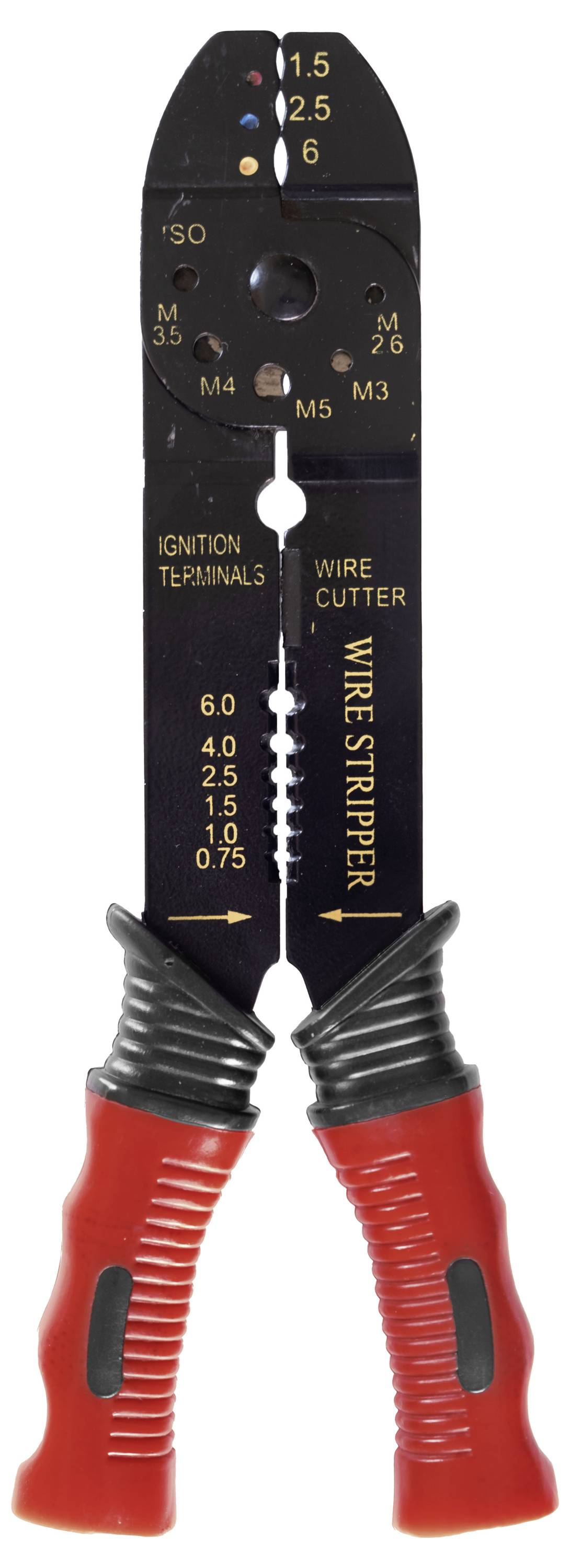 Abisolierzange mit roten Griffen, geeignet zum Schneiden und Abisolieren von Drähten verschiedener Größen, Skala von 0,75 bis 6,0 mm.