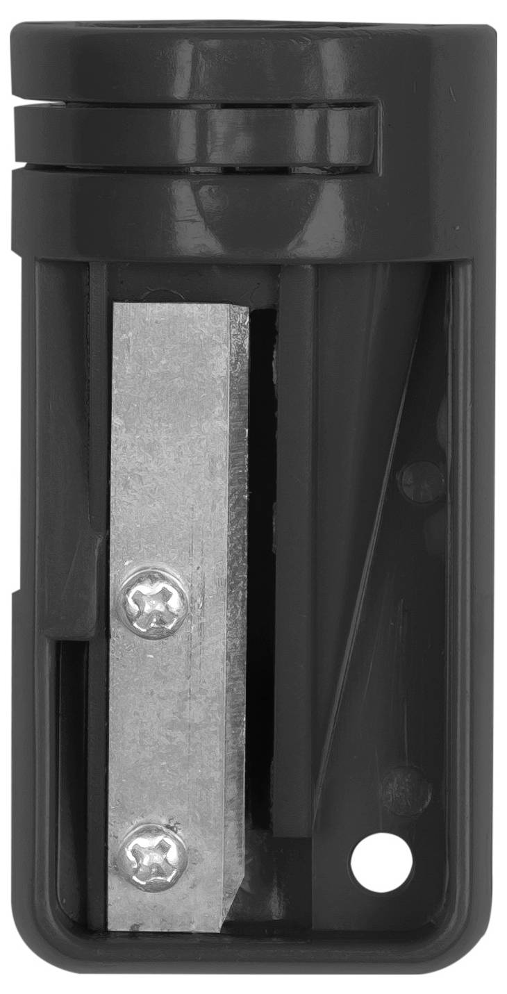 Ein schwarzer Anspitzer mit einem silbernen Metallklingenhalter und Schrauben, sichtbar von vorne.