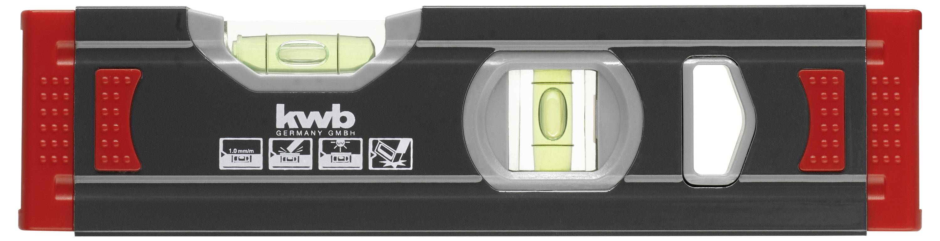 'Wasserwaage mit zwei Libellen zur Messung von vertikalen und horizontalen Ebenen, schwarzes Gehäuse, rote Endkappen.'