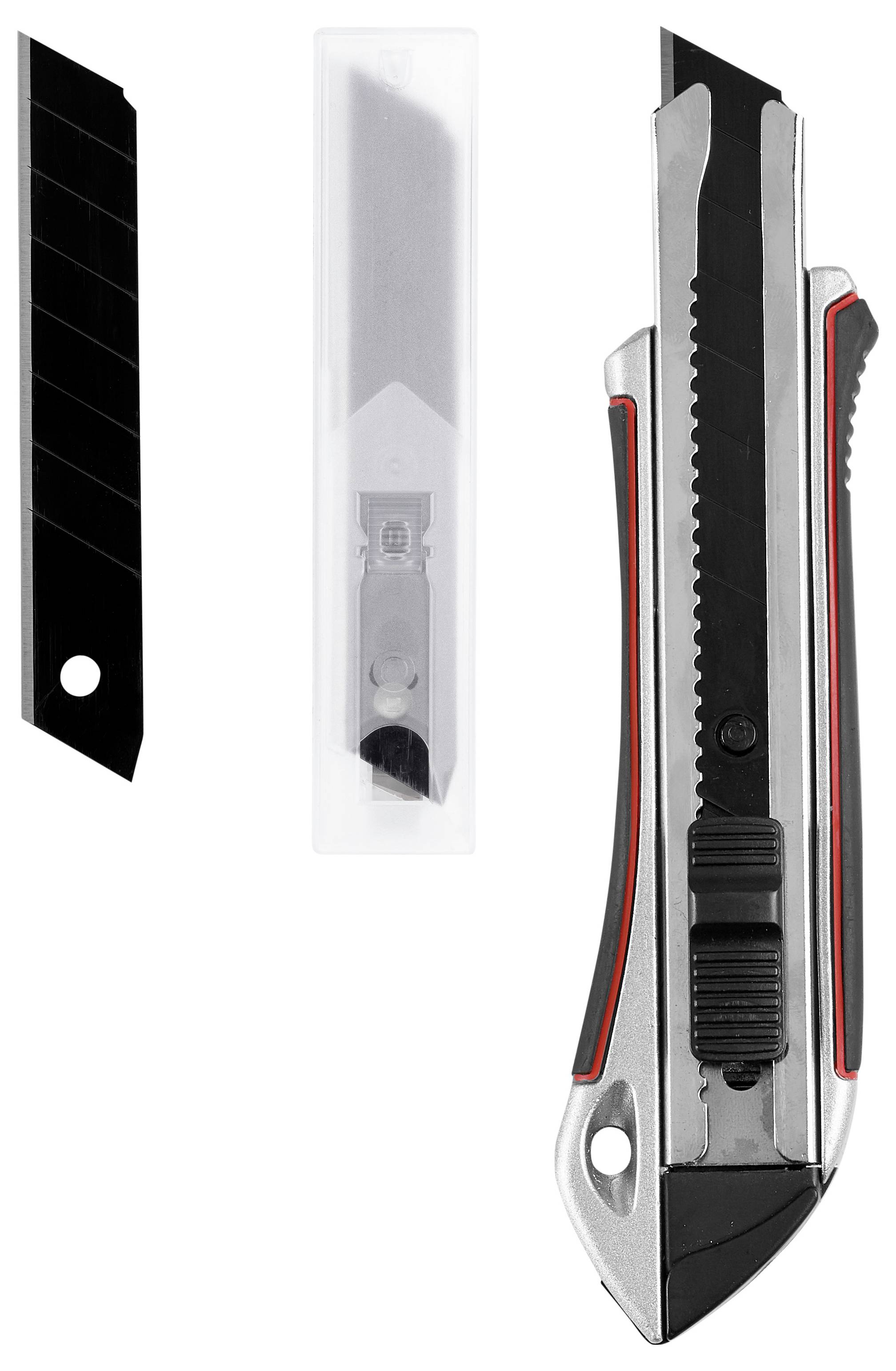 Das Bild zeigt ein silbernes Cuttermesser mit schwarzen und roten Akzenten, ein separates Ersatzklingenstück und eine Klingenabdeckung.