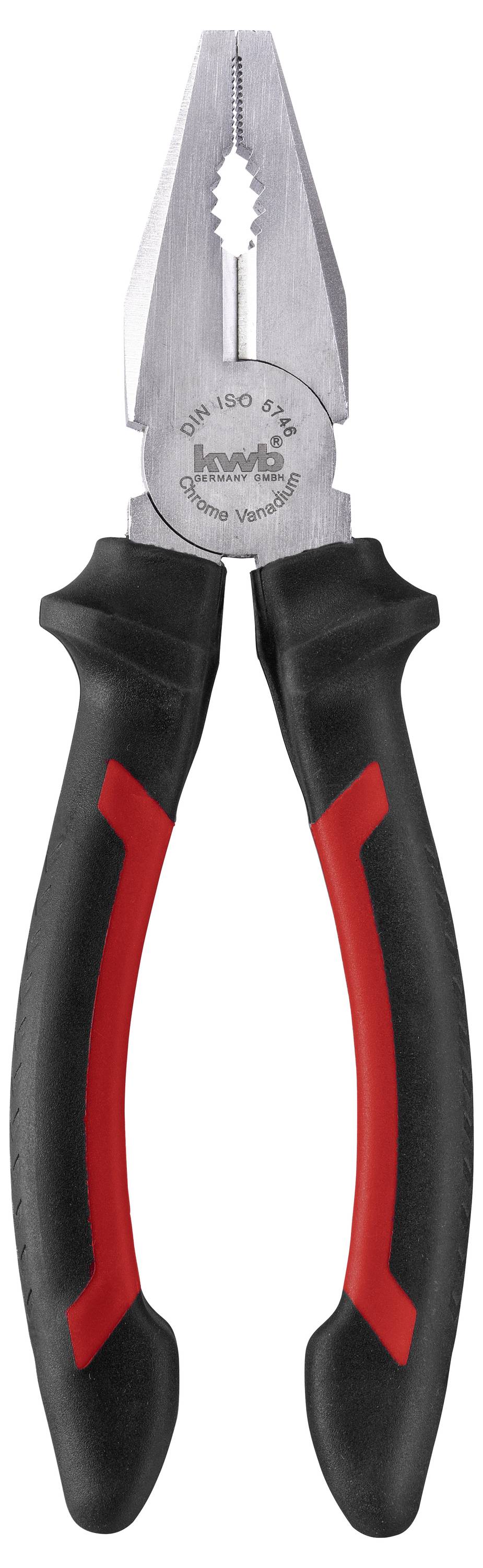 Eine Zange mit schwarzen und roten Griffen und einer Metallspitze. Sie wird oft zum Greifen oder Schneiden von Draht benutzt.