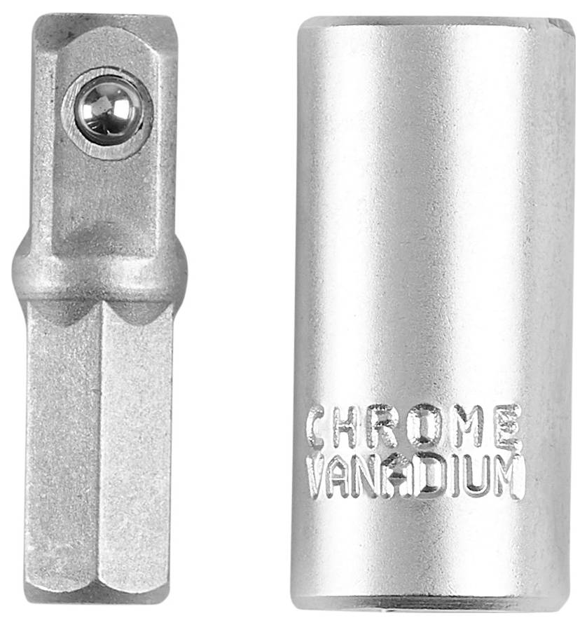 Ein silberner Steckschlüsseladapter mit Chrome-Vanadium Beschriftung, bestehend aus einem Adapter und einem sechskantigen Antrieb.