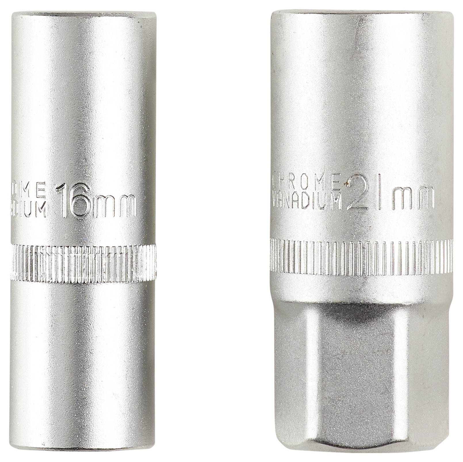 Zwei silberne Schraubnussaufsätze, der linke '16mm', der rechte '21mm', mit eingraviertem Text 'CHROME VANADIUM'.