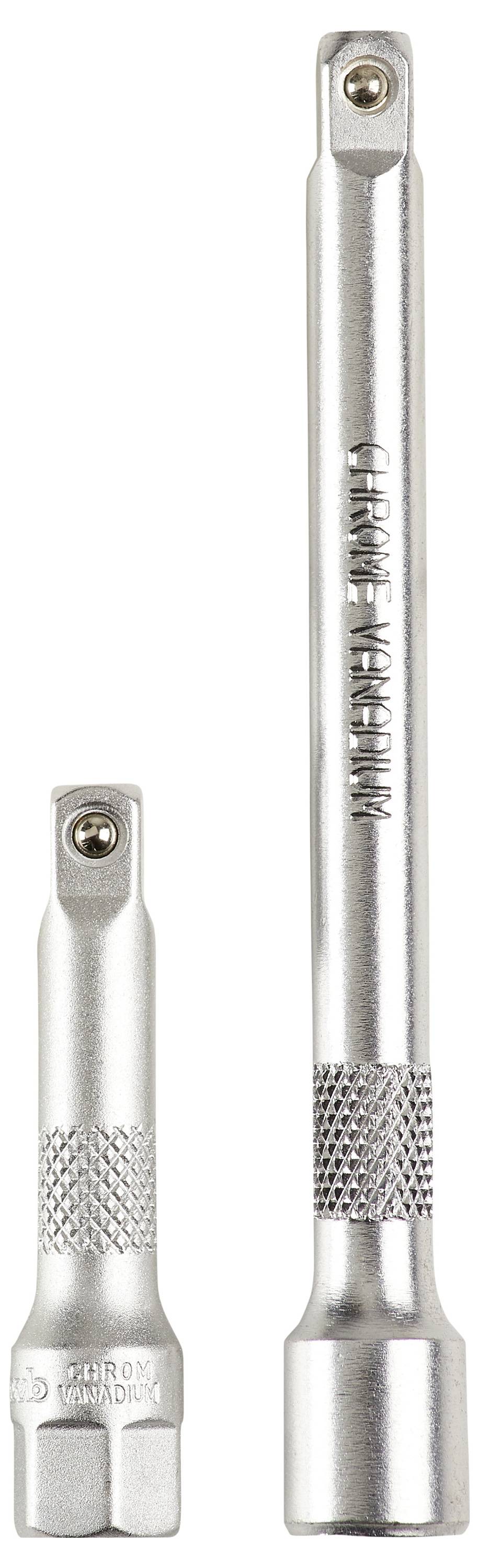 Zwei silberne Verlängerungsstäbe aus Metall unterschiedlicher Länge nebeneinander. Sie haben eine geriffelte Oberfläche für besseren Halt.