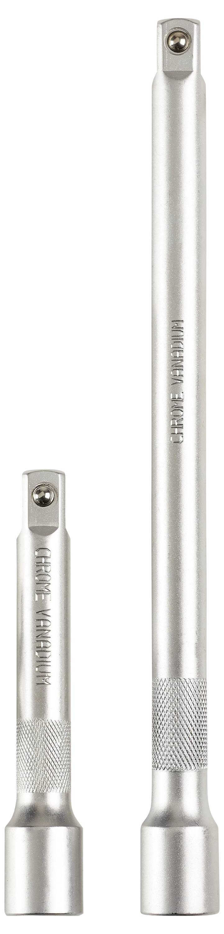 Zwei metallische Verlängerungsstangen in unterschiedlichen Längen. Sie sind für die Verlängerung von Werkzeugen wie Steckschlüsseln.