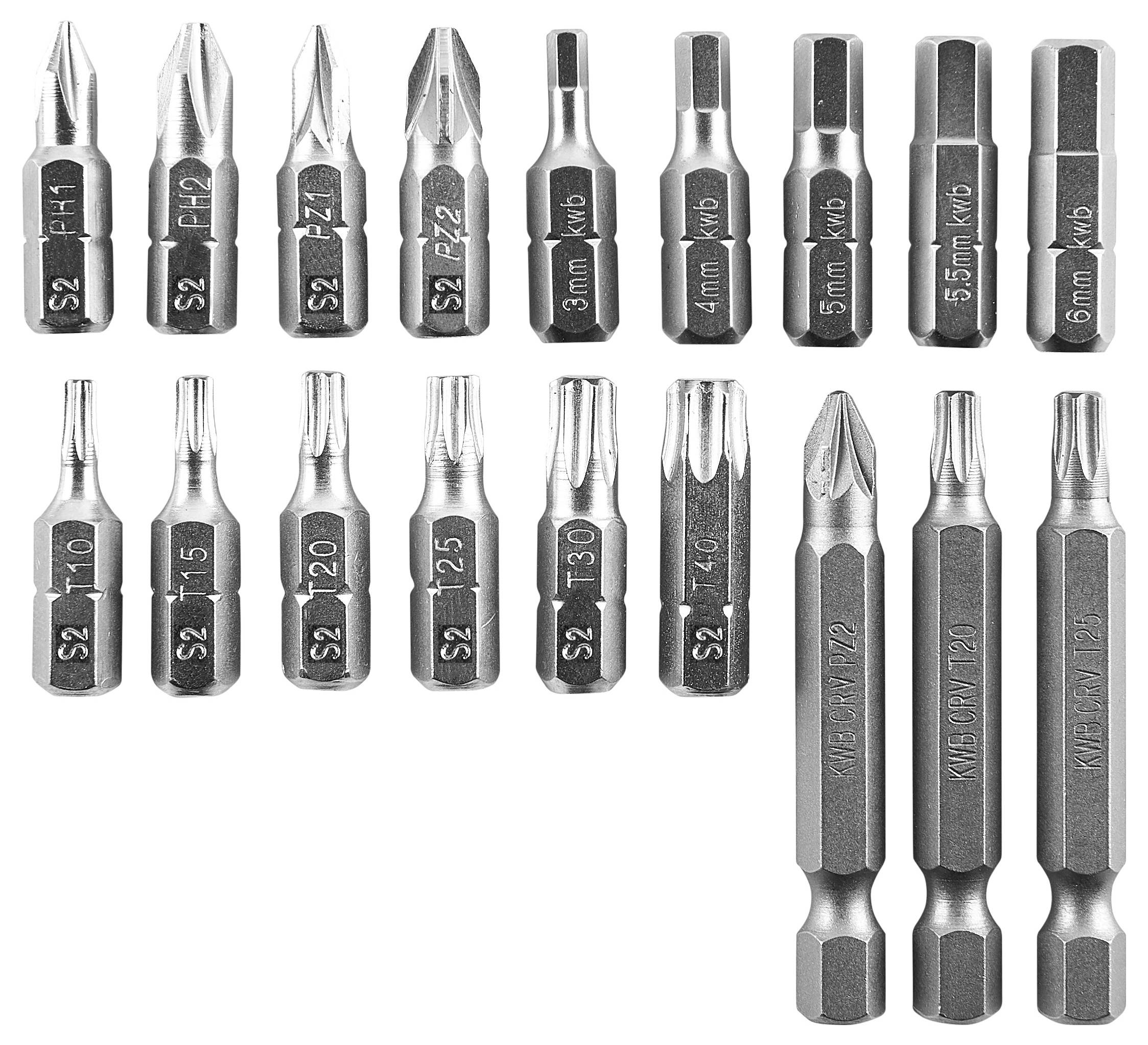 Ein Satz von 20 Schraubendreherbits in verschiedenen Formen und Größen, sortiert in zwei Reihen gegen einen weißen Hintergrund.