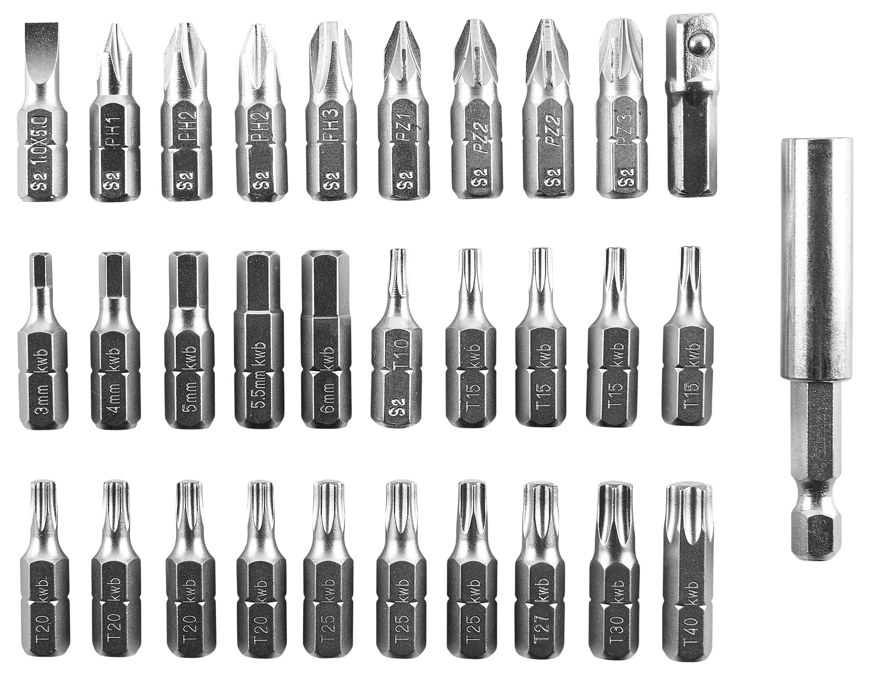 Ein Satz von verschiedenen Schraubendreher-Bits in einer organisierten Anordnung, jede mit unterschiedlicher Größe und Form, auf hellgrauem Hintergrund.