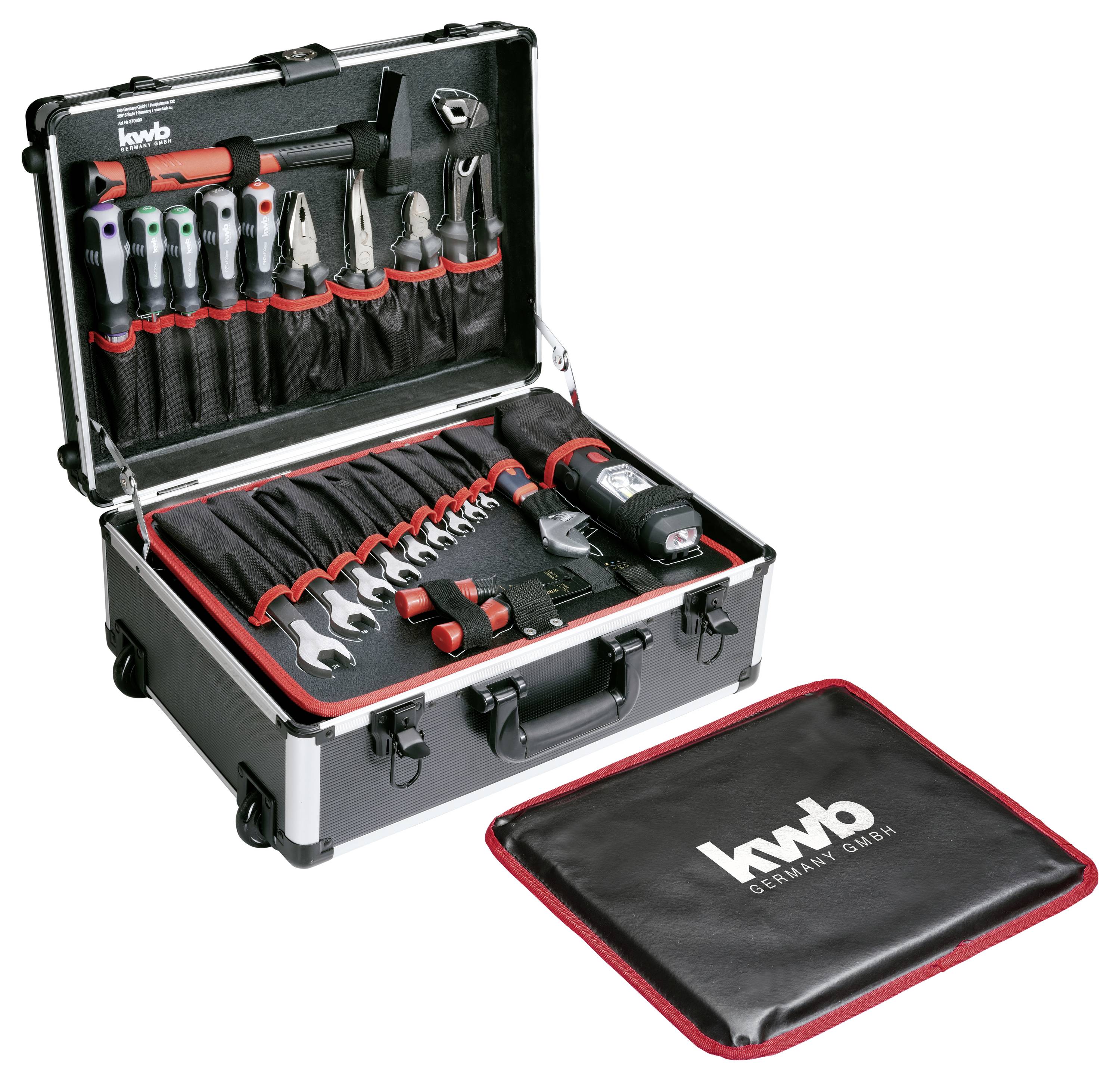 Offener Werkzeugkoffer mit verschiedenen Werkzeugen, darunter Schraubendreher, Zangen und Schraubenschlüssel, in einem geordneten Arrangement.