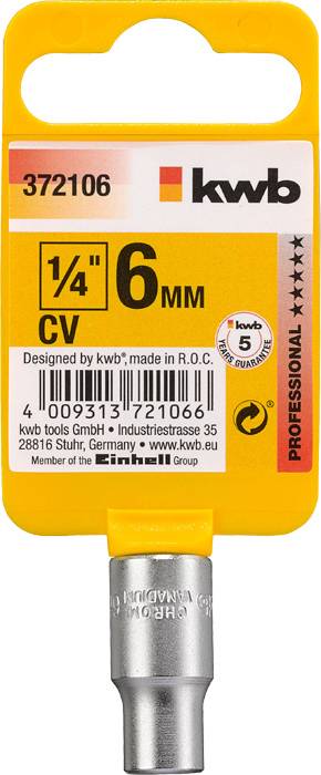 Ein 'Kwb' Schraubendreher-Bit, 1/4 Zoll, 6 mm. Verpackung mit Barcode, Artikelnummer 372106, 'Professional' Serie. Made in R.O.C.