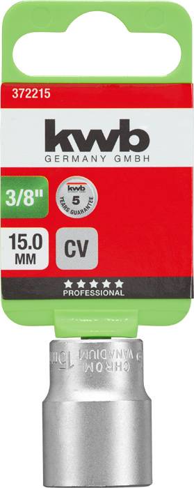 Steckschlüsseleinsatz von kwb, 3/8 Zoll, 15 mm, CV-Stahl, Etikett zeigt Logo und Produktinformationen.